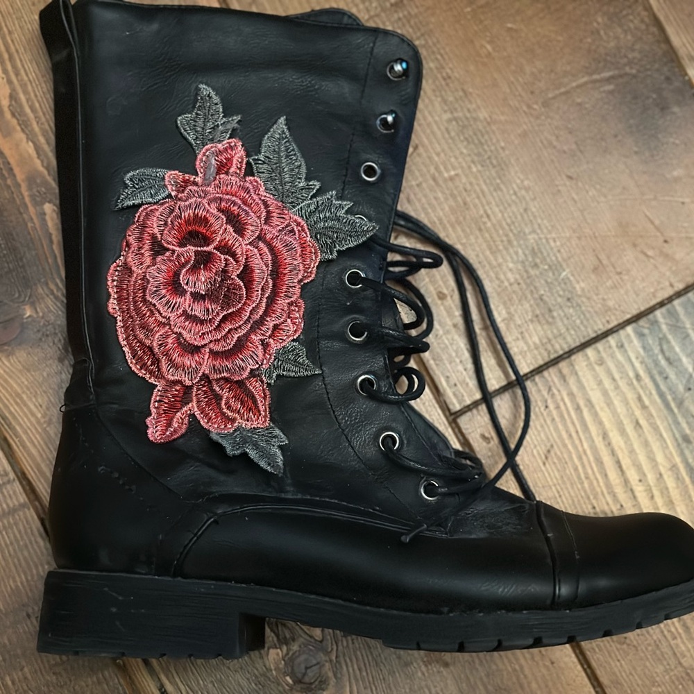 Black vinyl lace up Boots with Red Floral Embroidery